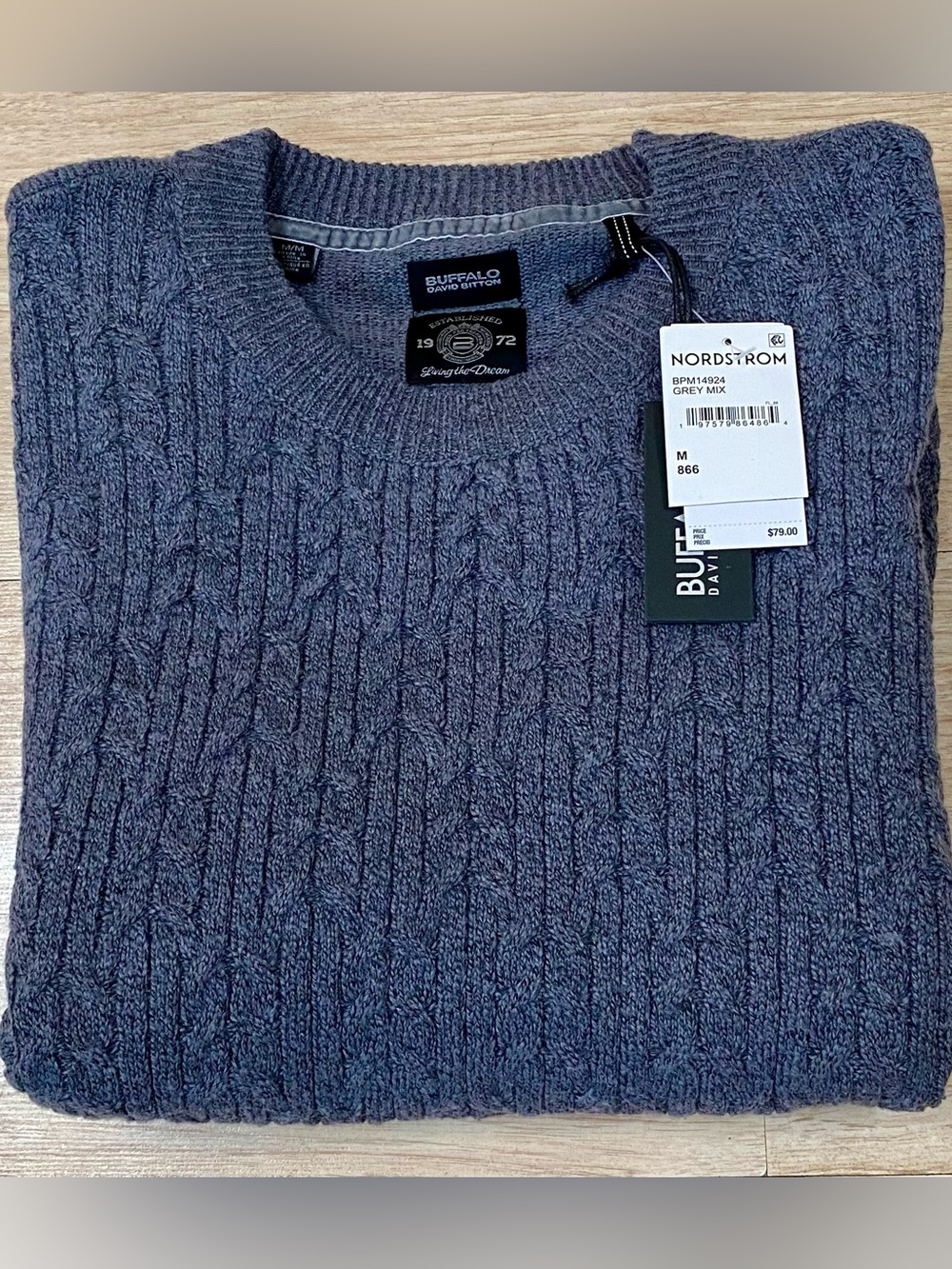 Buffalo David Bitton Sweater Men's Medium Gray Cable Knit Crewneck Pullover -NWT